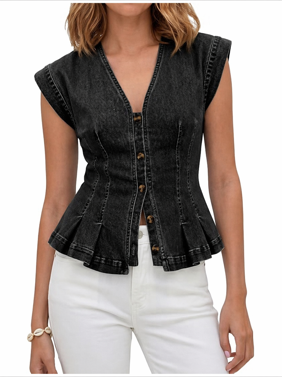 Top en Jean Sans Manches à Col V - Noir