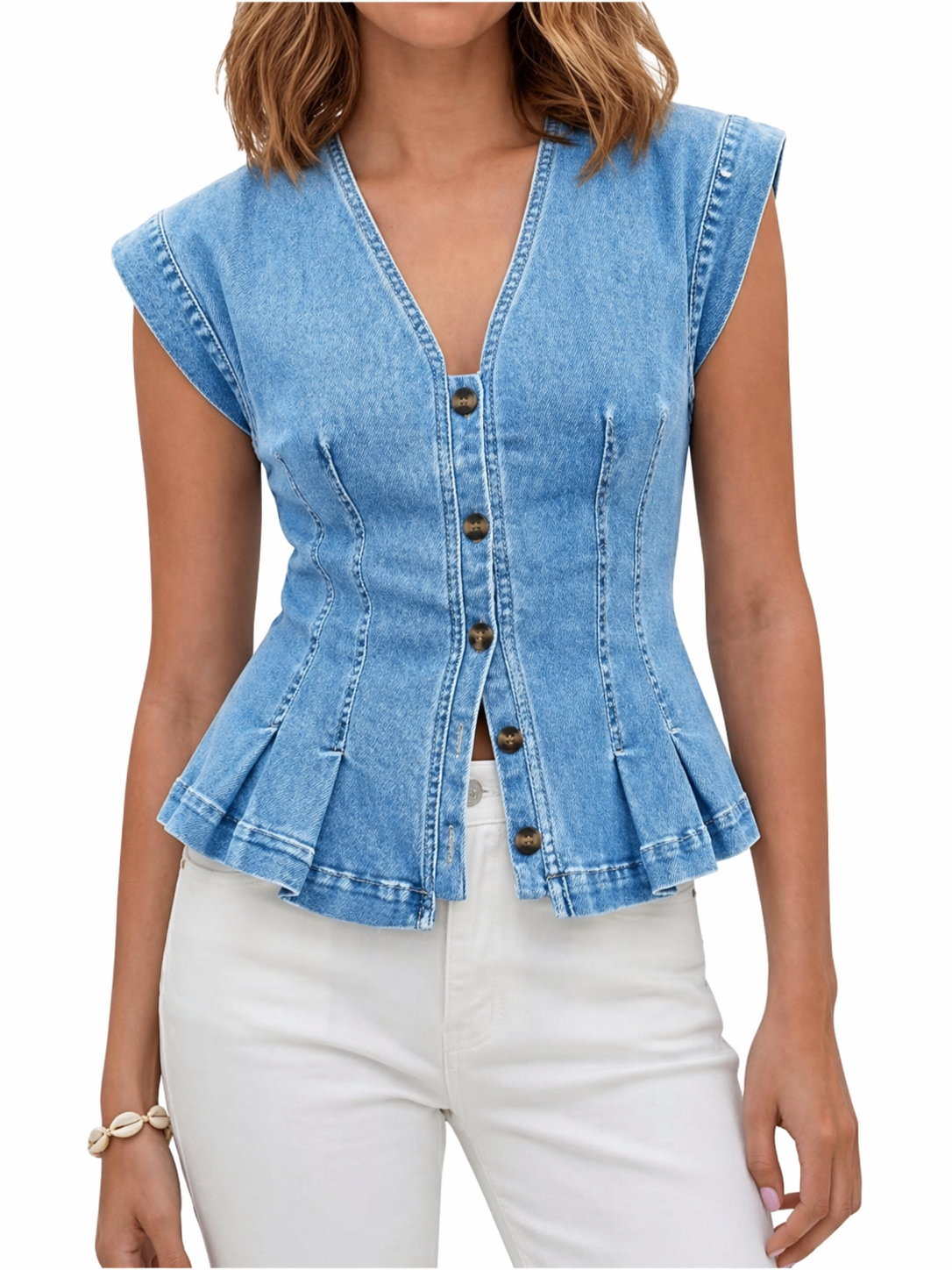 Top en Jean Sans Manches à Col V - Bleu clair