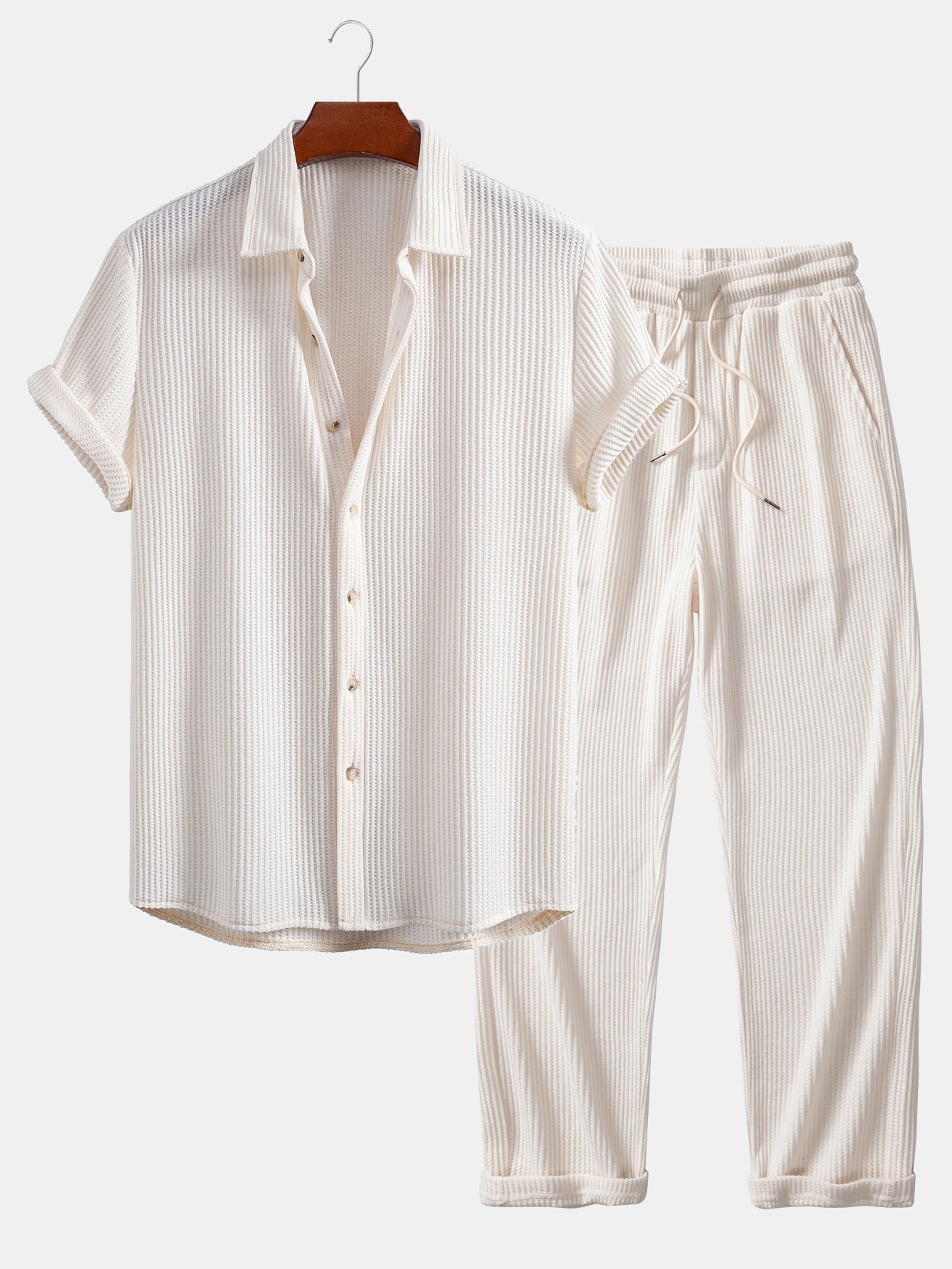 Ensemble — chemise gaufrée & pantalon gaufré en maille à cordon
