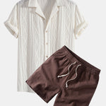 Ensemble — chemise cubaine ajourée jacquard géométrique & short à cordon en lin mélangé