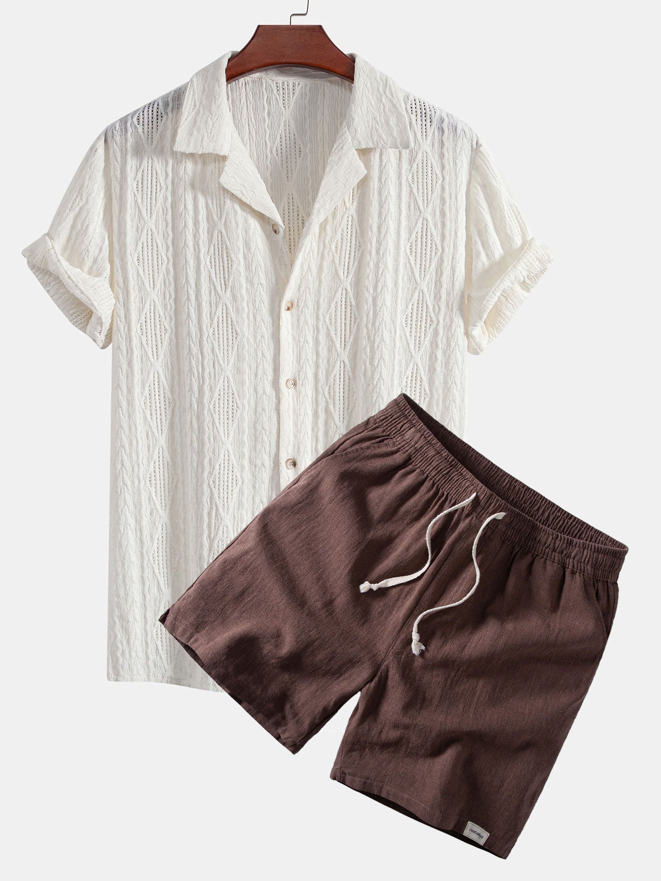 Ensemble — chemise cubaine ajourée jacquard géométrique & short à cordon en lin mélangé