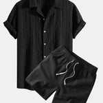 Ensemble — chemise cubaine ajourée jacquard géométrique & short à cordon en lin mélangé