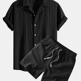 Ensemble — chemise cubaine ajourée jacquard géométrique & short à cordon en lin mélangé