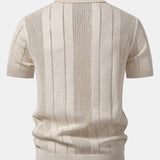 Ensemble Améline — polo en maille ajourée rayée à col Johnny & pantalon en lin à jambe droite