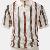 Ensemble — polo crocheté rayé à col V & pantalon en lin à jambe droite