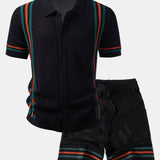 Ensemble — chemise boutonnée en maille ajourée rayée & short à cordon