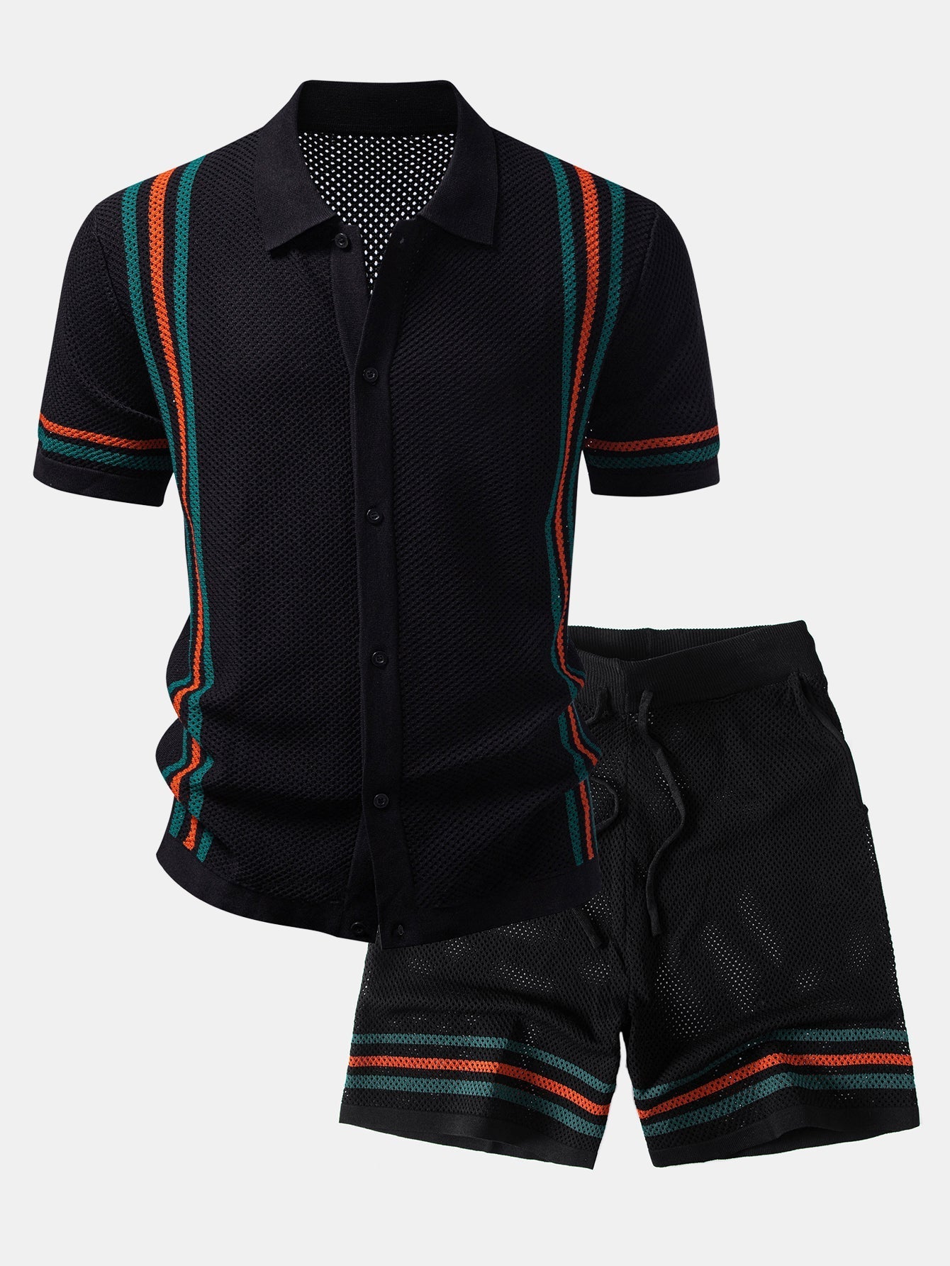 Ensemble — chemise boutonnée en maille ajourée rayée & short à cordon
