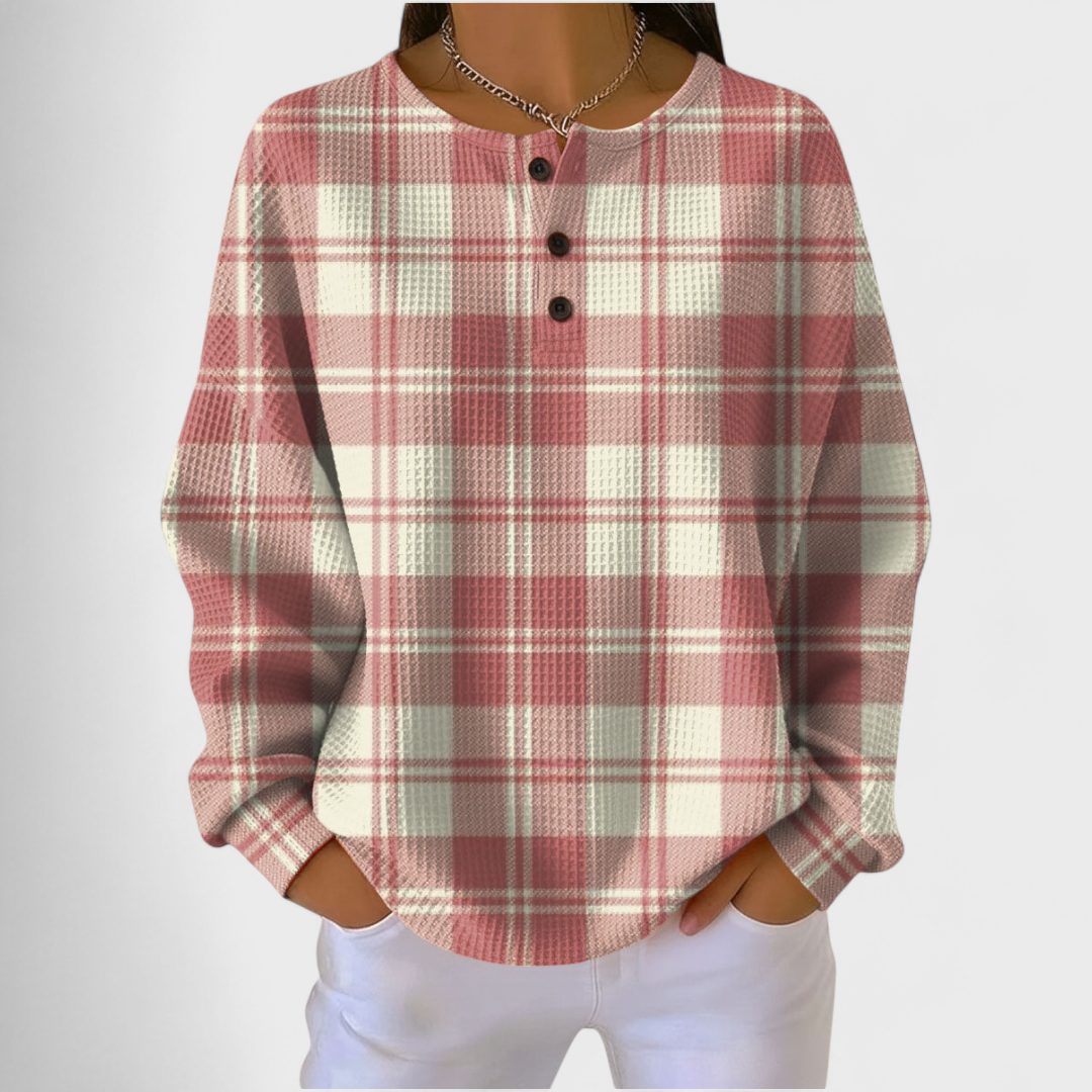 Pull Gaufré à Carreaux Rose et Crème - Multicolore