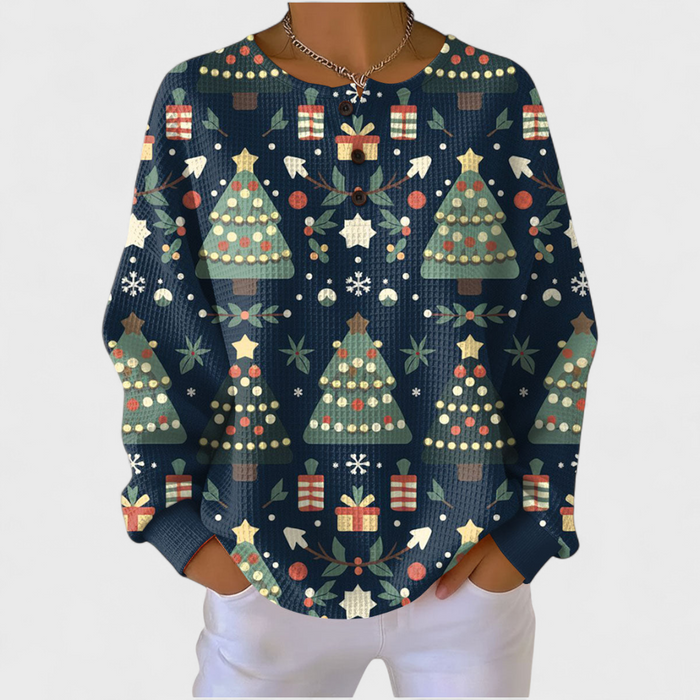 Pull Gaufré Sapins de Noël Bleu Marine