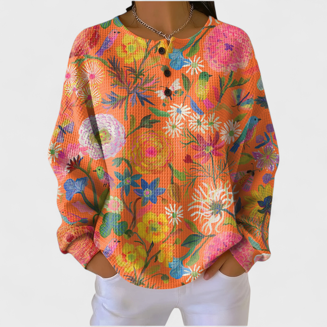 Pull Gaufré Orange Fleurs Colorées - Orange