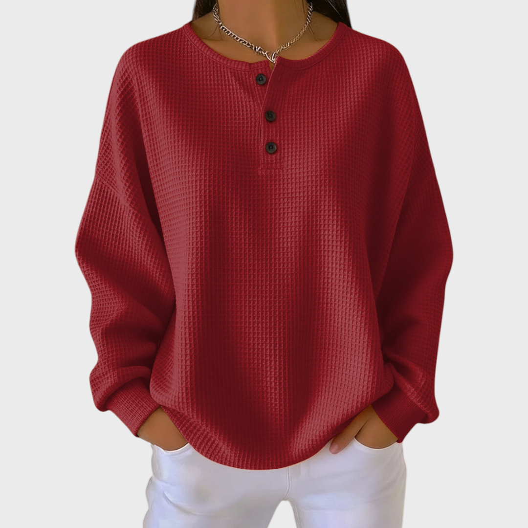 Pull Gaufré Uni à Boutons - Rouge