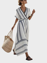 Viviane | Robe longue rayée à encolure croisée