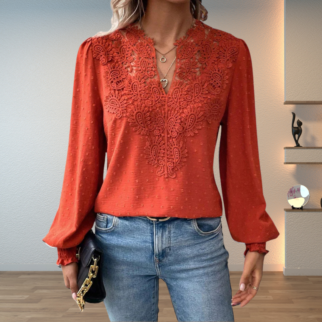 Thérèse | Blouse à empiècement ajouré et manches ballon Orange, photo studio