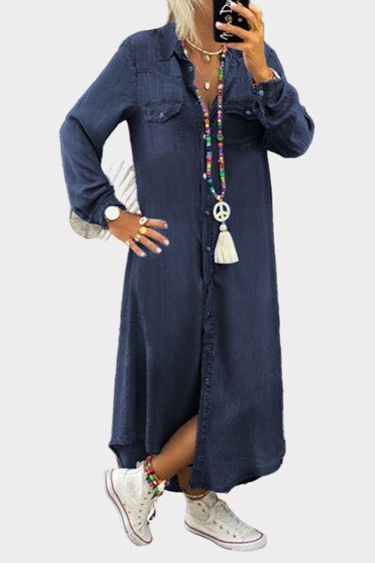 Robe Longue en Jean Tissé Boutonnée - Bleu marine