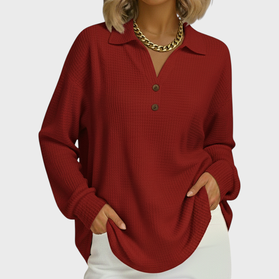 Pull Gaufré à Col Chemise - Rouge