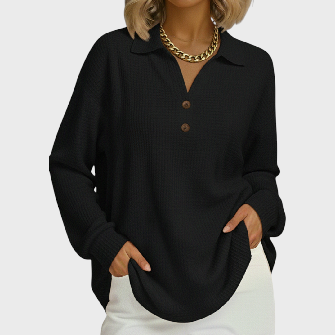 Pull Gaufré à Col Chemise - Noir