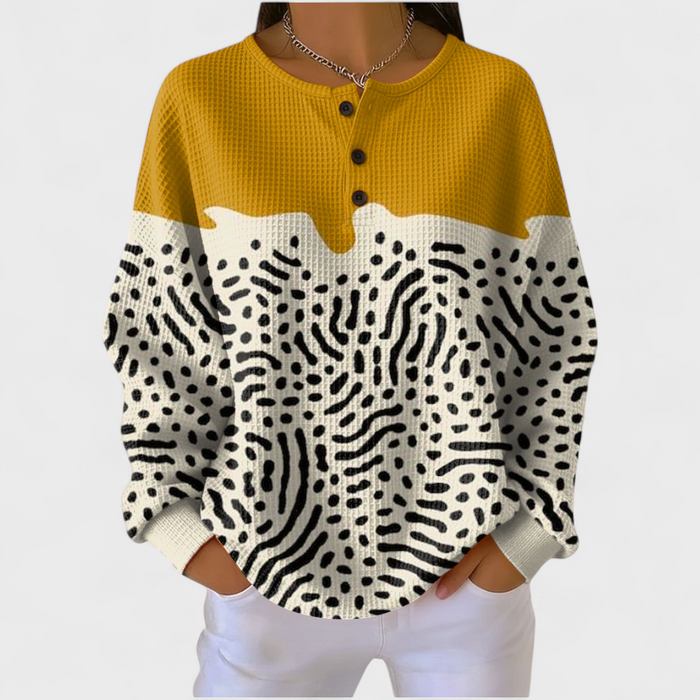 Pull Gaufré Moutarde à Motif Graphique