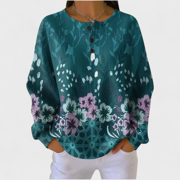 Pull Gaufré Bleu Canard à Fleurs