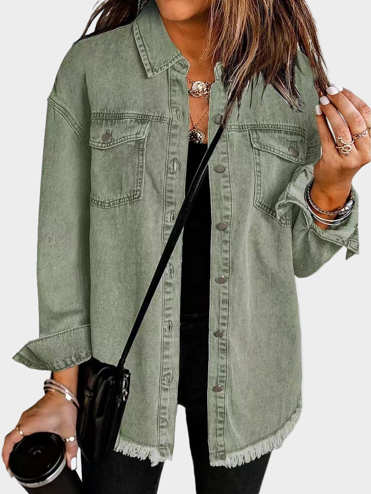 Veste en Jean Classique à Franges - Vert