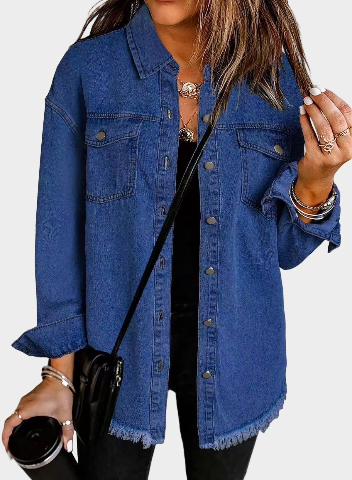 Veste en Jean Classique à Franges - Bleu