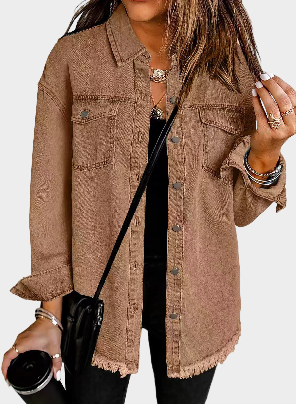 Veste en Jean Classique à Franges - Marron