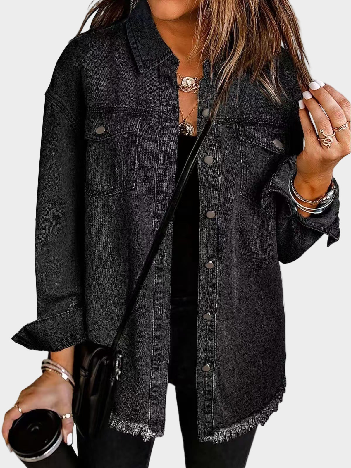 Veste en Jean Classique à Franges - Noir