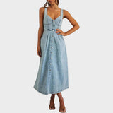 Angélique | Robe midi à bretelles boutonnée devant