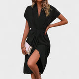Gwenaëlle | Robe midi drapée à col en V et fente