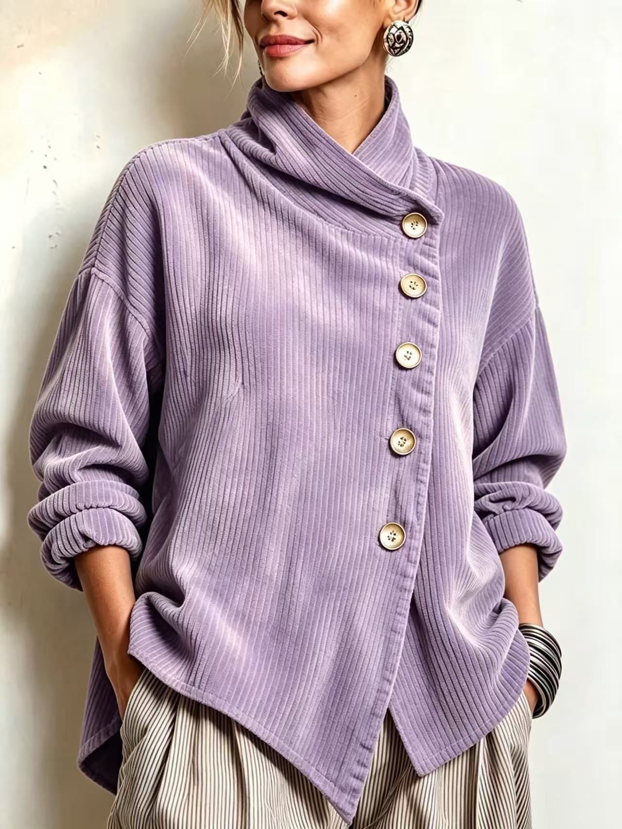 Capucine | Pull en velours côtelé à col montant Violet, photo studio