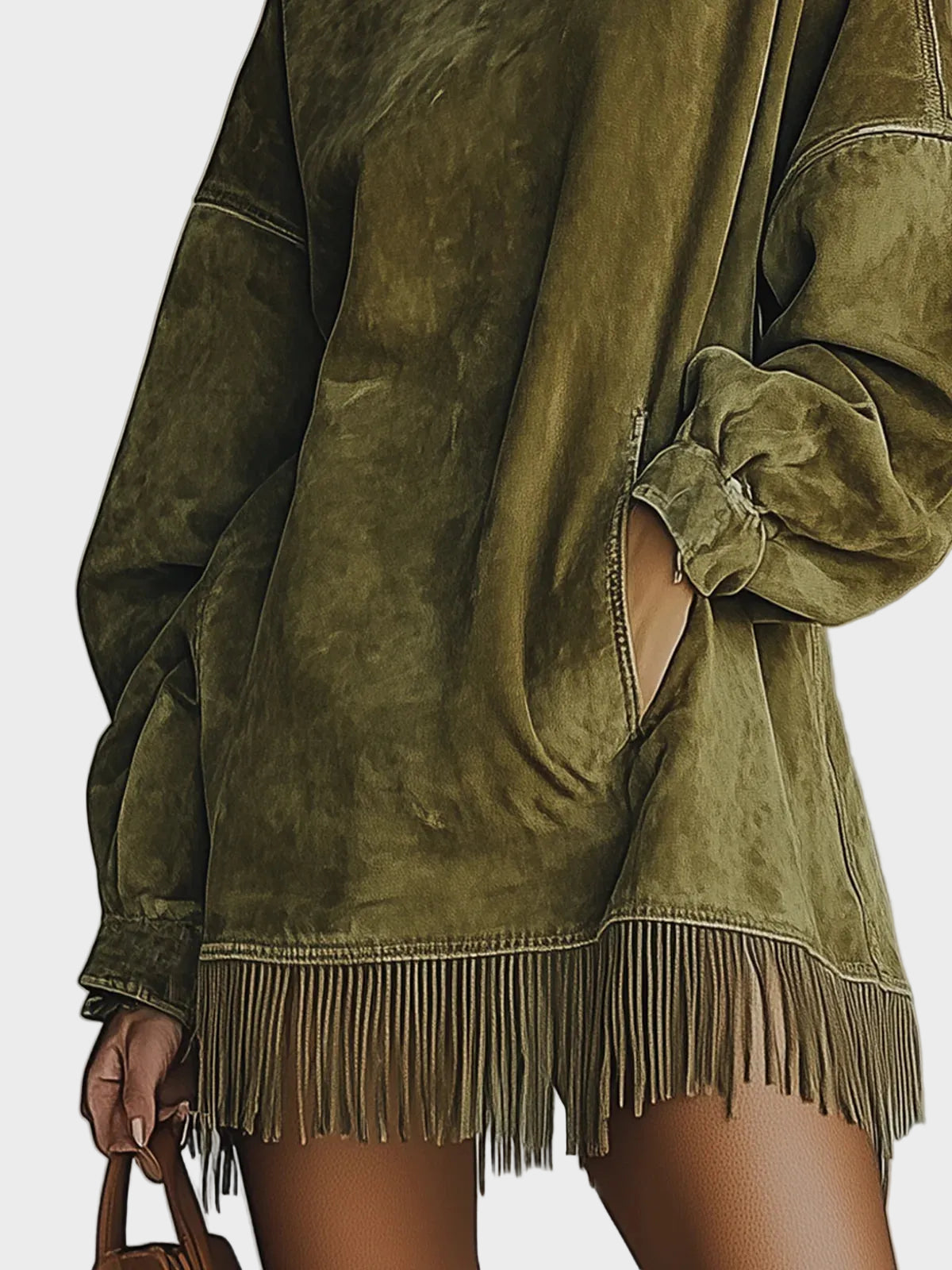 Robe en suédine à col roulé et franges Vert