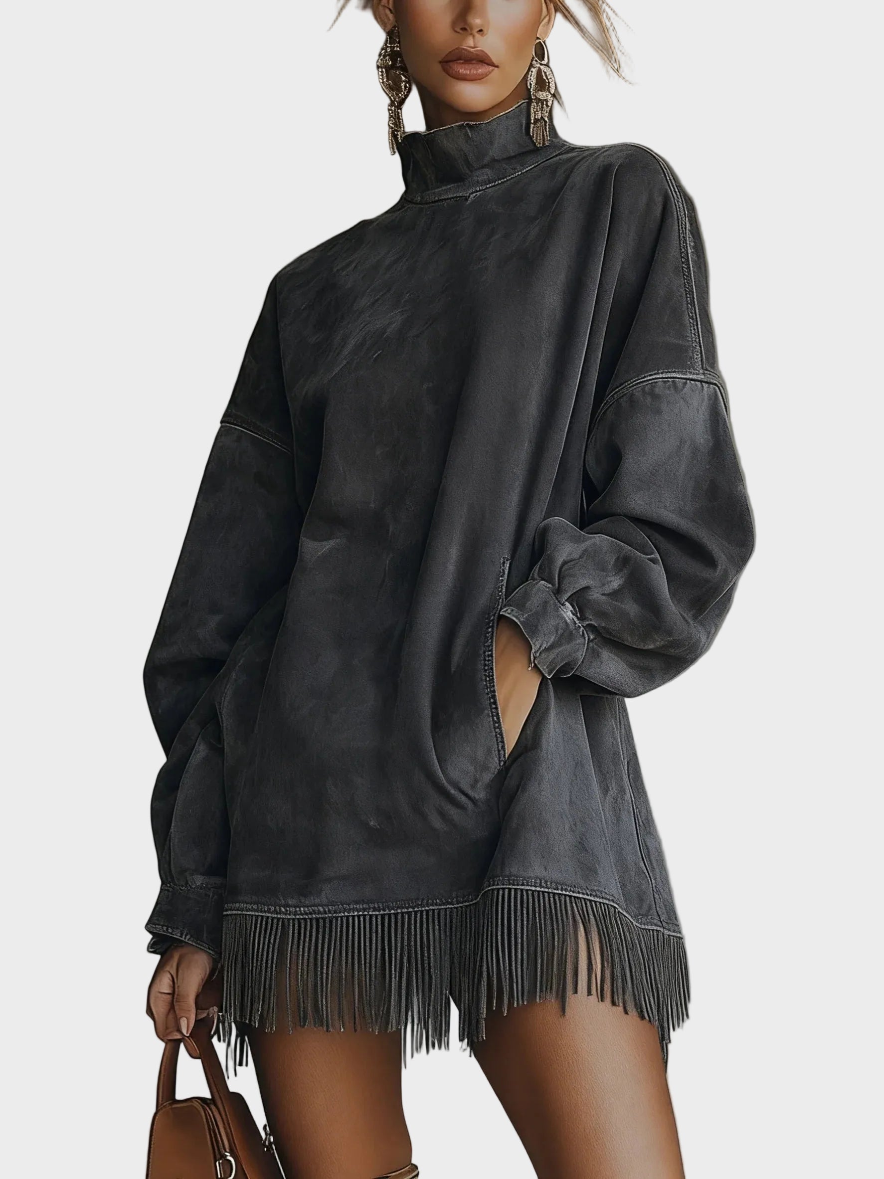 Robe en suédine à col roulé et franges Gris foncé