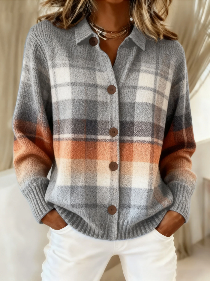 Cardigan Ombré à Carreaux Gris et Orange