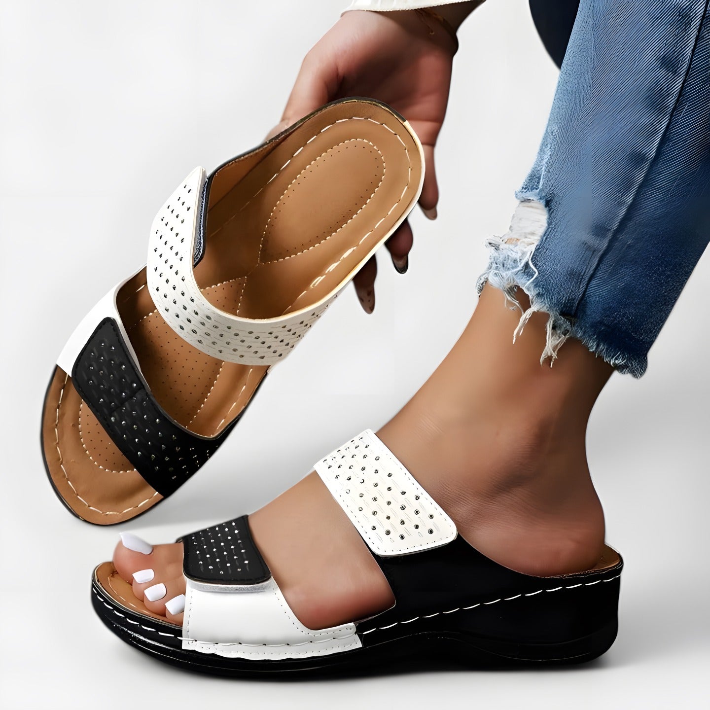 Chelrie | Sandales orthopédiques femme confortables Blanc-Noir