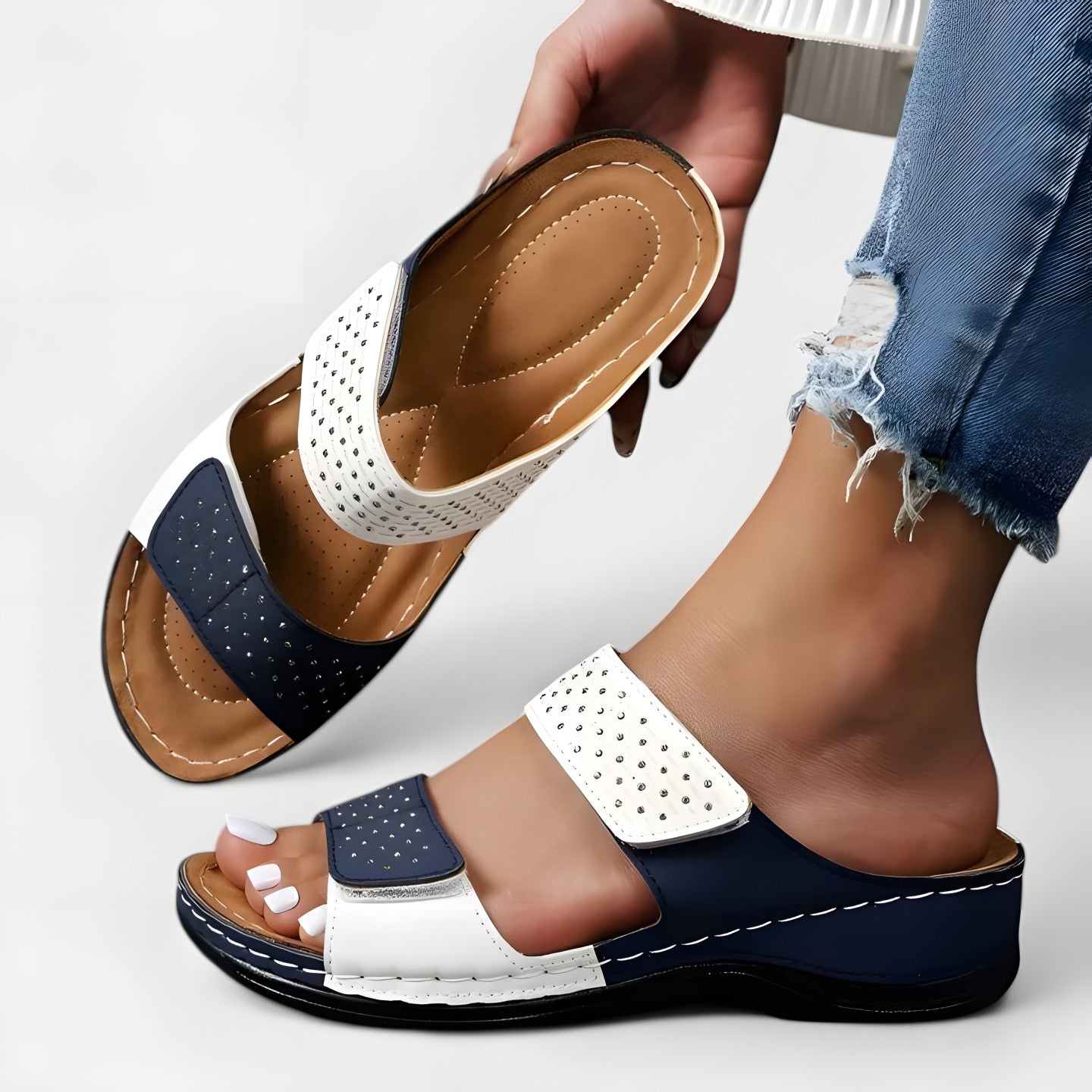 Chelrie | Sandales orthopédiques femme confortables Blanc-Bleu