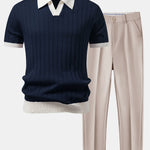 Ensemble — polo rayé à col Johnny et bordure contrastante & pantalon fuselé