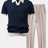 Ensemble — polo rayé à col Johnny et bordure contrastante & pantalon fuselé
