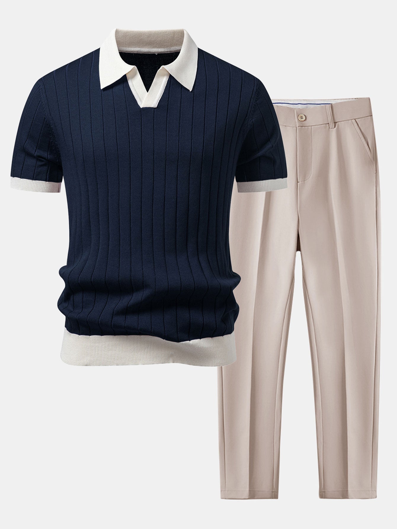 Ensemble — polo rayé à col Johnny et bordure contrastante & pantalon fuselé