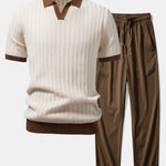 Ensemble — polo en maille texturée contrastante à col Johnny & pantalon texturé froissé