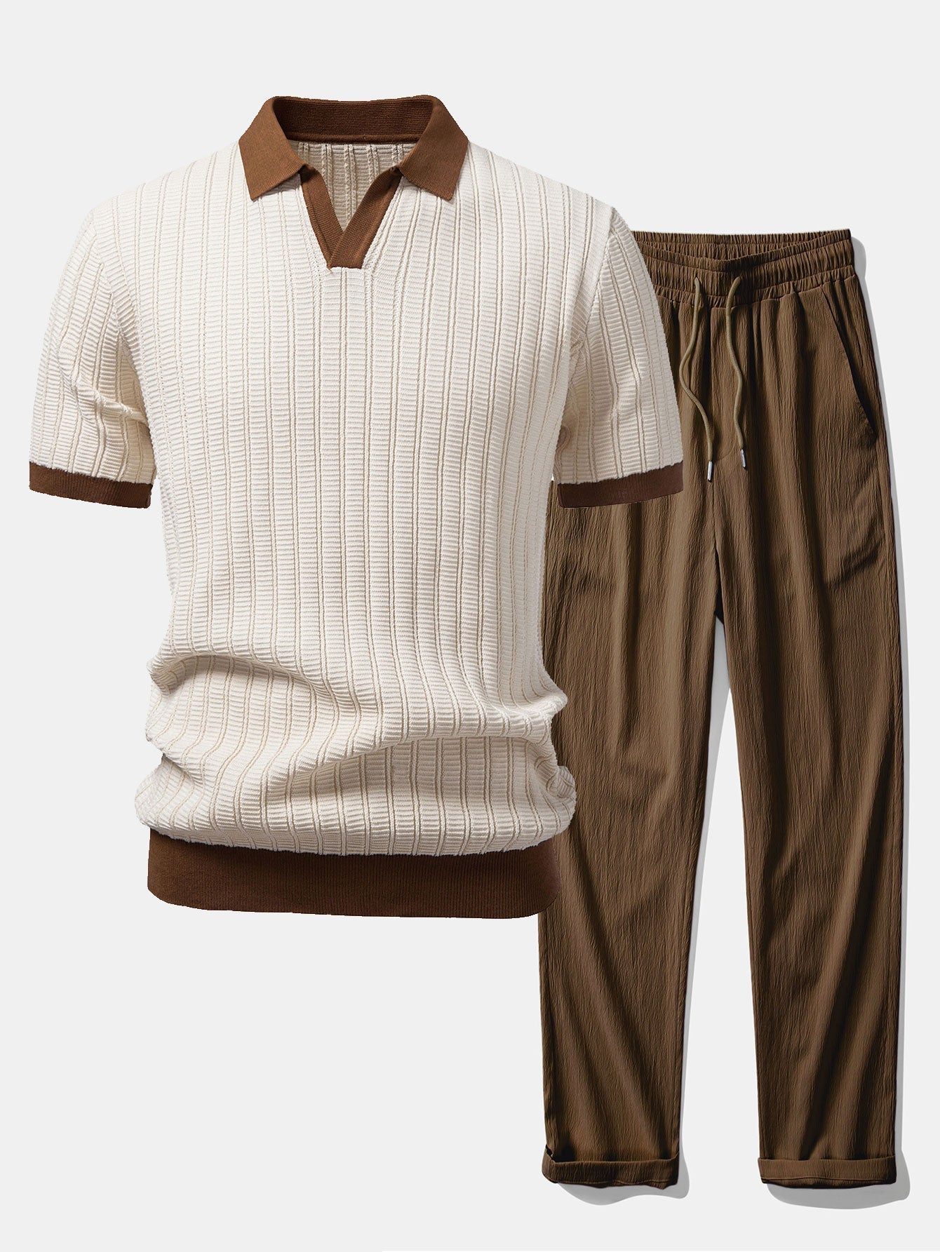 Ensemble — polo en maille texturée contrastante à col Johnny & pantalon texturé froissé