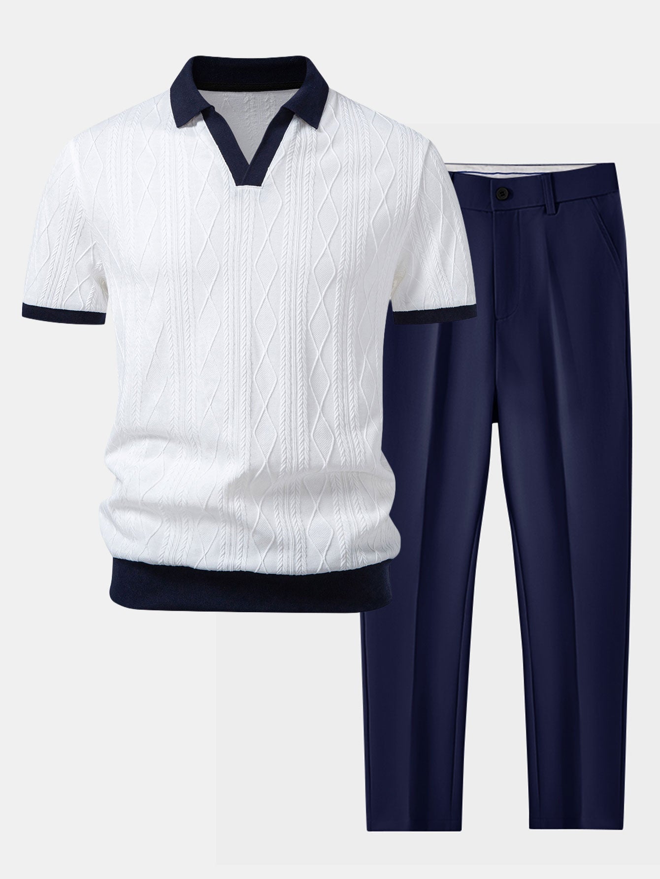 Ensemble — polo en maille jacquard géométrique contrastante & pantalon fuselé coupe slim