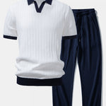 Ensemble — polo en maille texturée contrastante à col Johnny & pantalon gaufré en maille à cordon