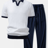 Ensemble — polo en maille texturée contrastante à col Johnny & pantalon gaufré en maille à cordon
