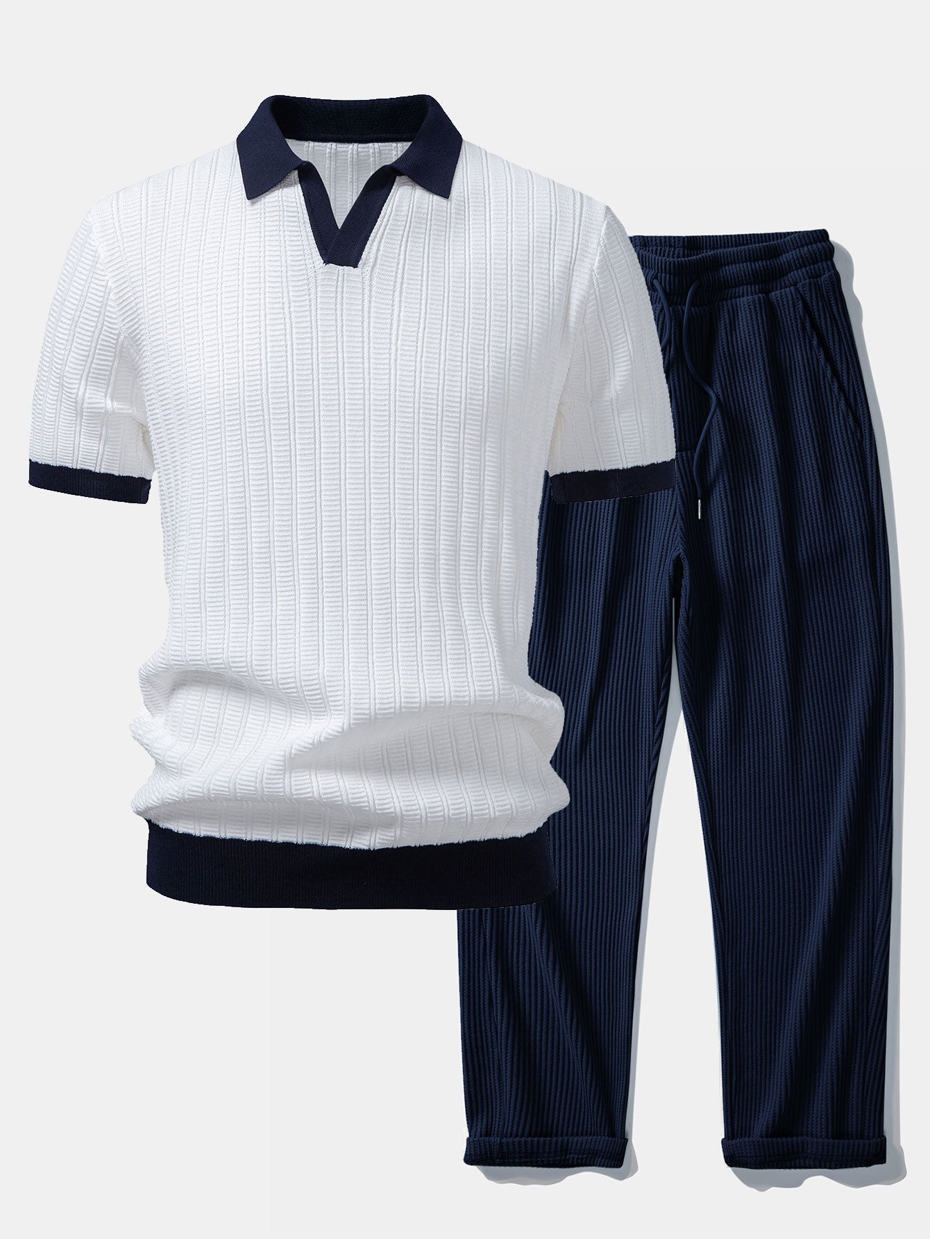 Ensemble — polo en maille texturée contrastante à col Johnny & pantalon gaufré en maille à cordon