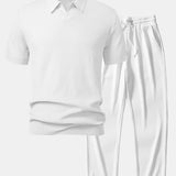 Ensemble — polo en maille jacquard à vagues et col V & pantalon côtelé à jambe droite