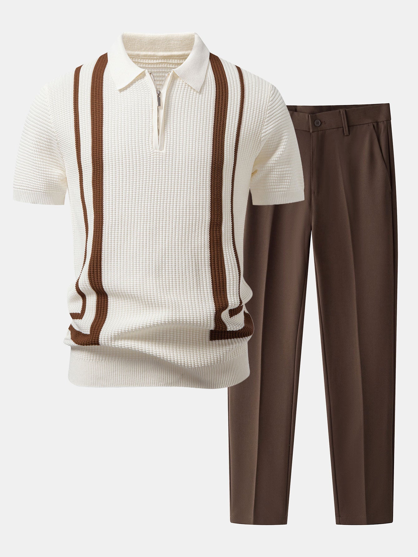 Ensemble — polo gaufré zippé en maille contrastante & pantalon fuselé coupe slim