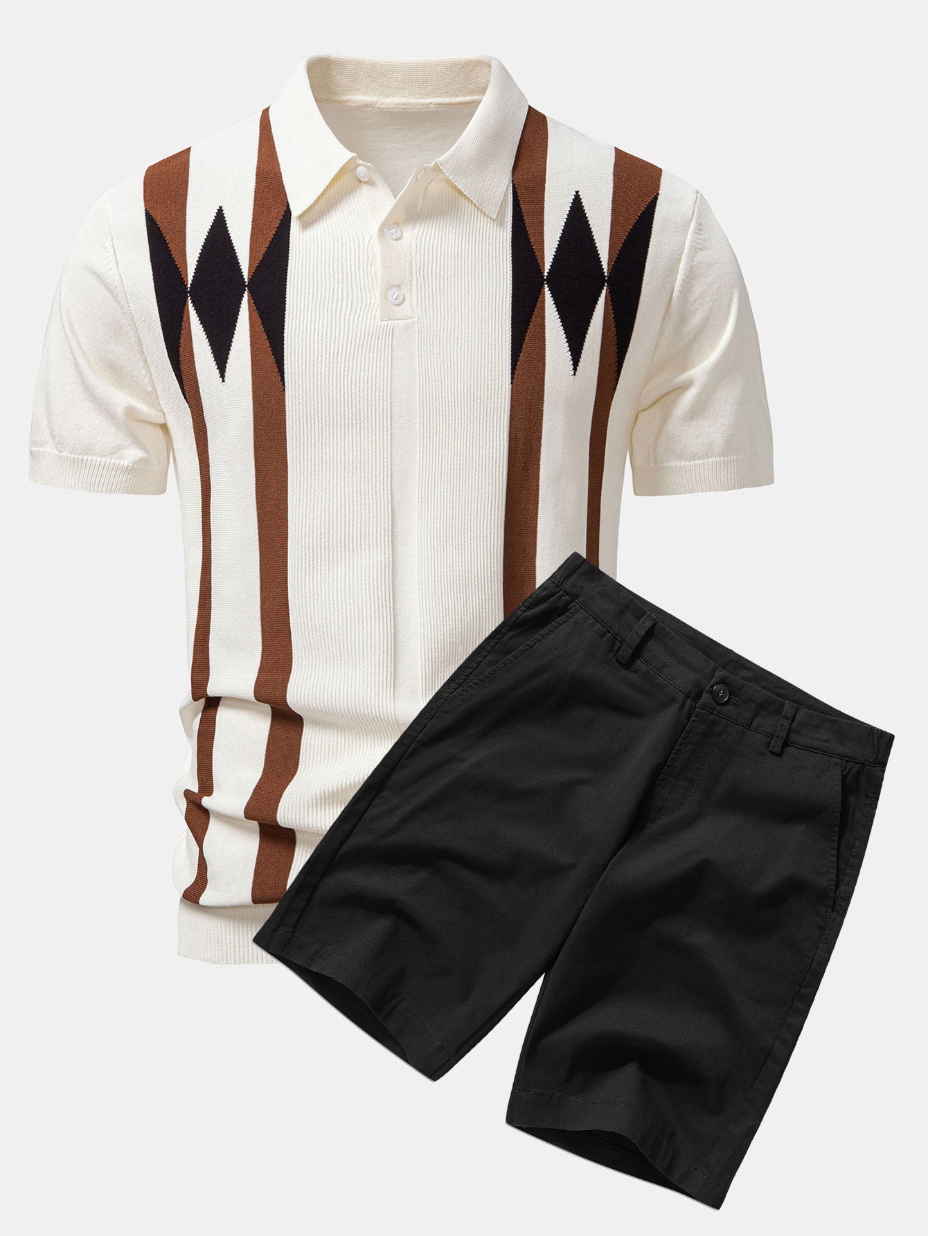 Ensemble — polo en maille jacquard géométrique rayée & short chino en coton