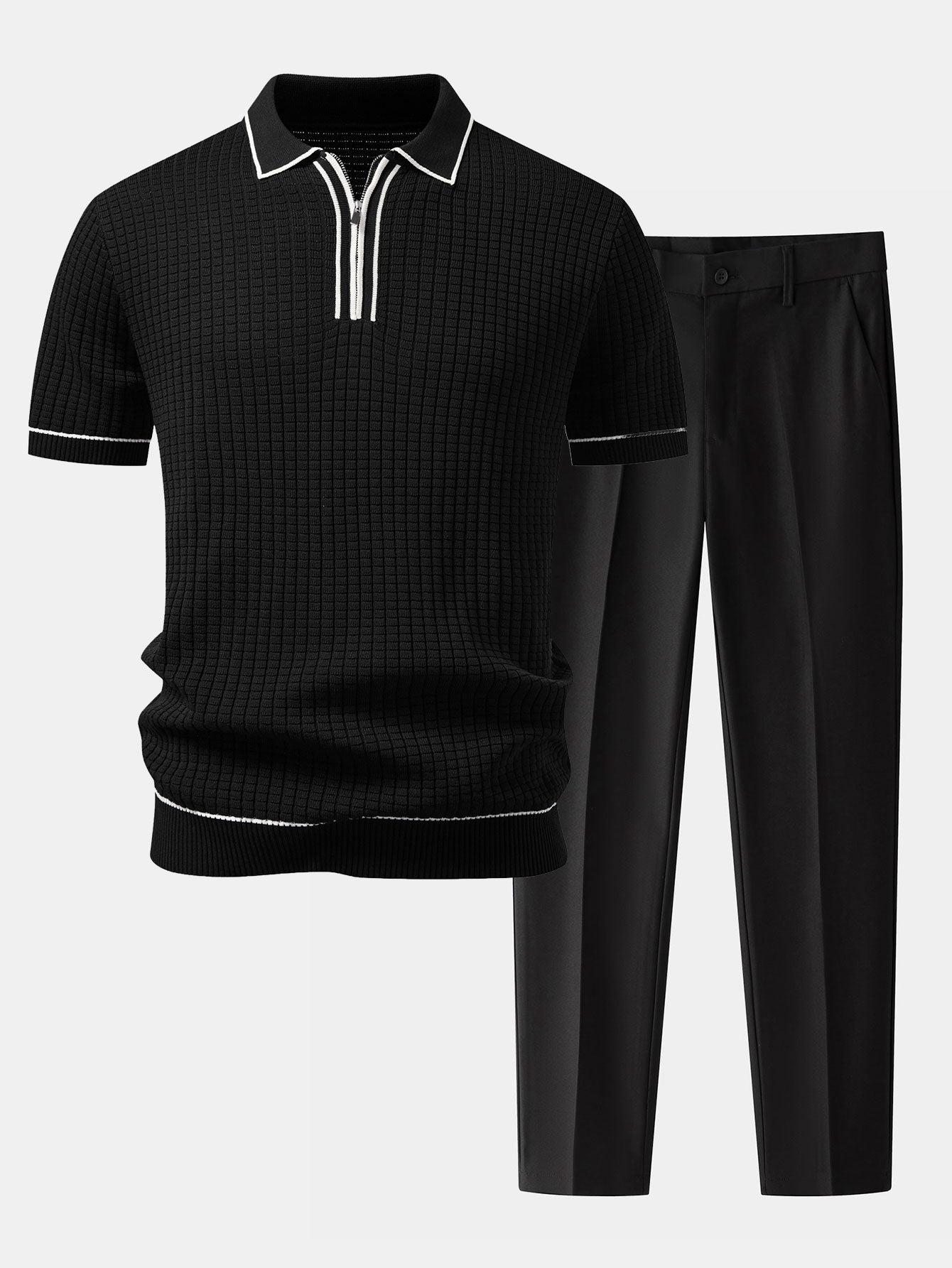 Ensemble — polo gaufré zippé en maille à bordure contrastante & pantalon fuselé coupe slim