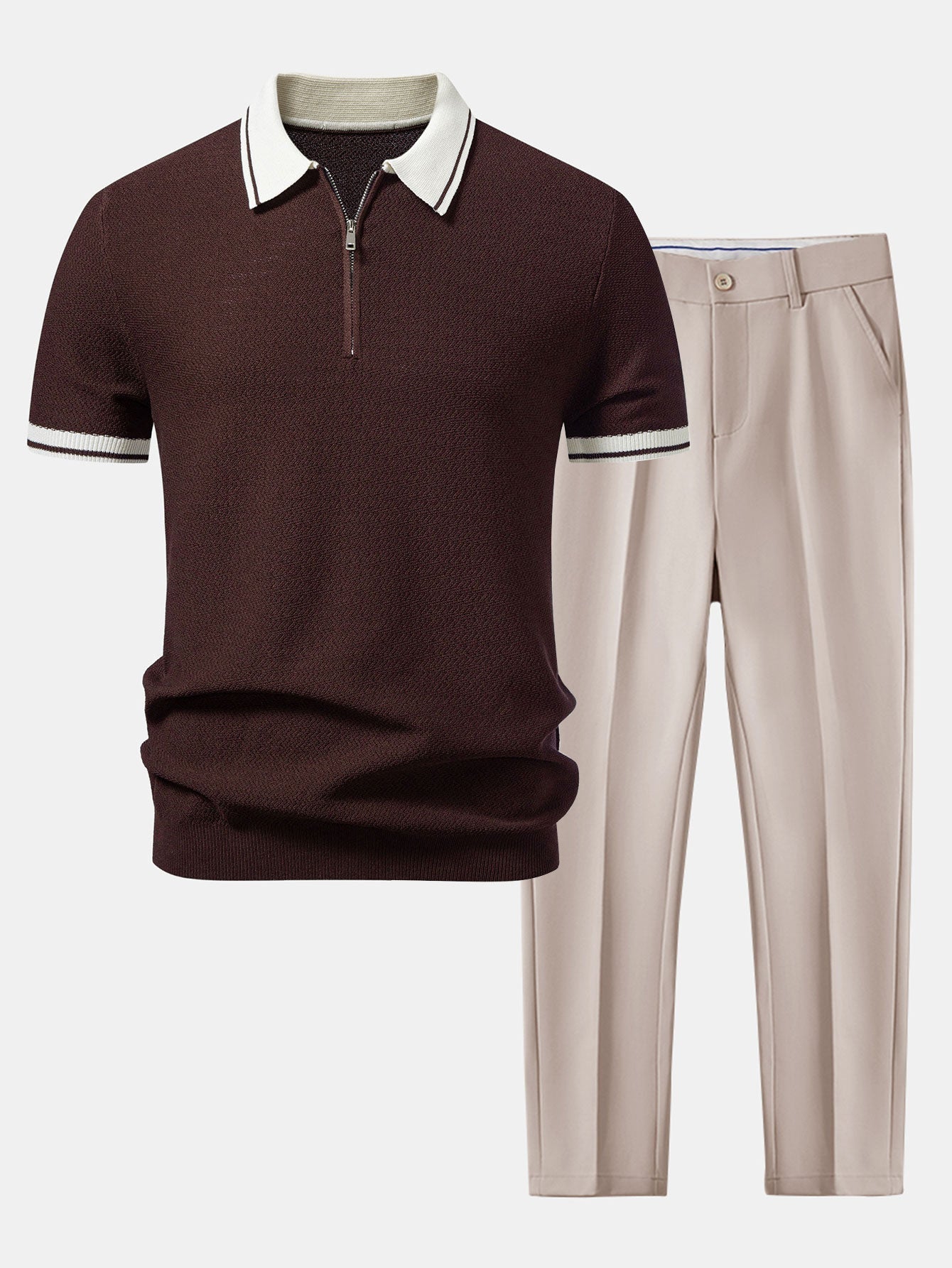 Ensemble Améline — polo zippé en maille contrastante & pantalon fuselé coupe slim