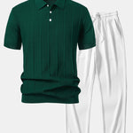 Ensemble — polo en maille jacquard rayée & pantalon côtelé à jambe droite