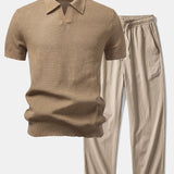 Ensemble — polo en maille crochetée texturée à col Johnny & pantalon texturé froissé